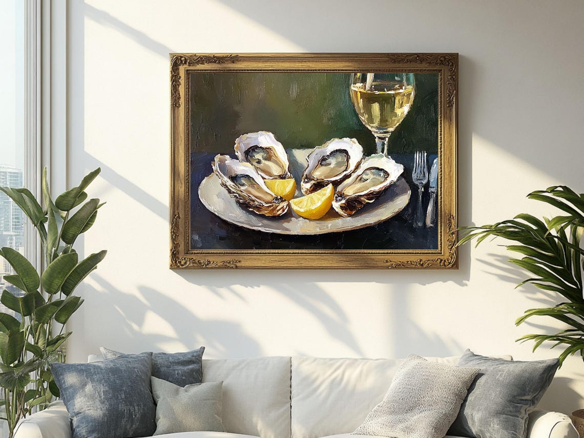 Oysters, Lemon and White Wine Still Life Art Print - Image 2