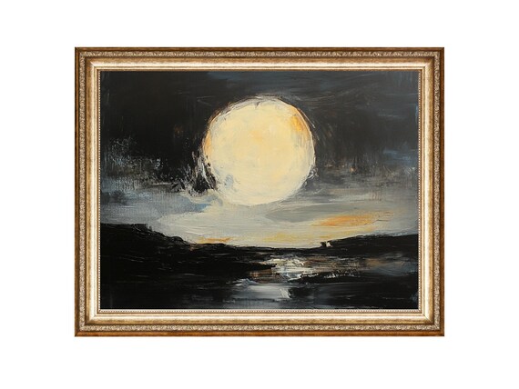 Full Moon Night Sky Expressive Art Oil Painting Vintage Style Prints Cottage Core Art Art Downloads