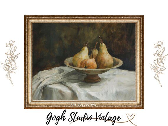 Pears Still Life In A Antique Bowl Fruit Art Print Pear Painting Wall Art Vintage Antique Art
