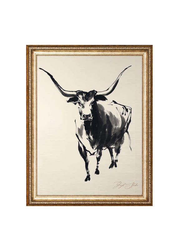 Bull Art Print Minimalist Longhorn Painting Rustic Western Decor Wall Art Vintage Cottagecore Wall Art Wall Art Prints