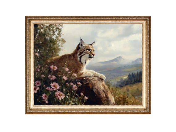 Lynx In Mountain Landscape Wildlife Art Oil Painting Cottagecore Wall Art Vintage Painting Prints Instant