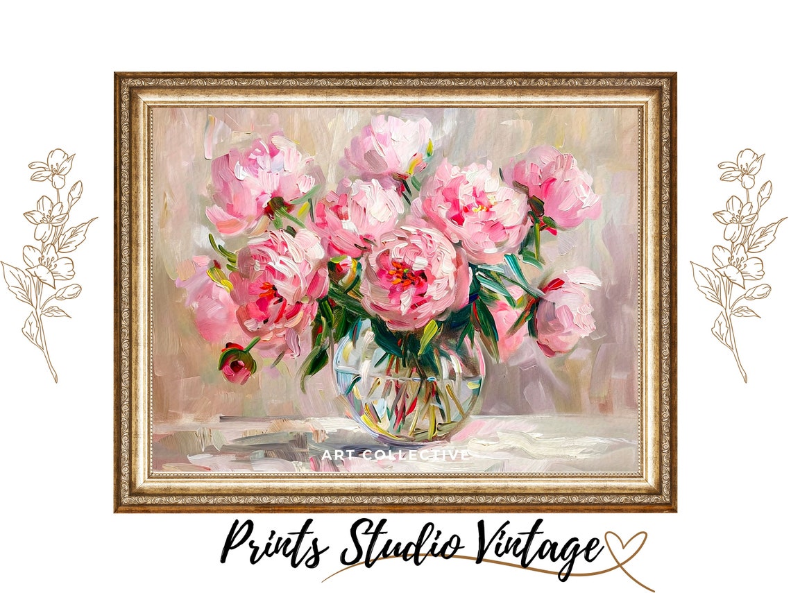 Fresh Pink Peonies Of Glass Vase Bouquet Peony Painting Peony Painting Flower Wall Art Oil Painting Wall Art