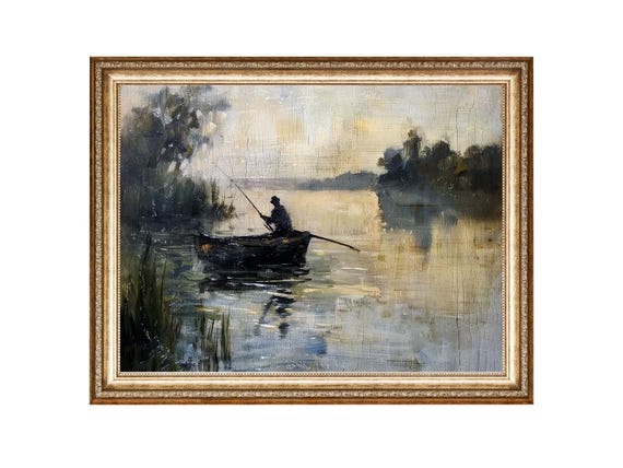Fishing Wall Art Fisherman In Boat On Lake Vintage Prints Wall Art Horizontal Art