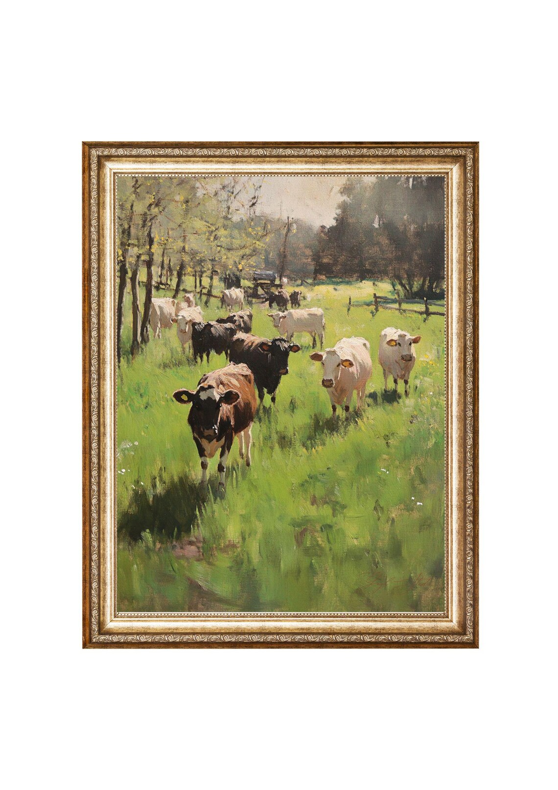 Cows In Spring Farm Landscape, Vintage Oil Painting