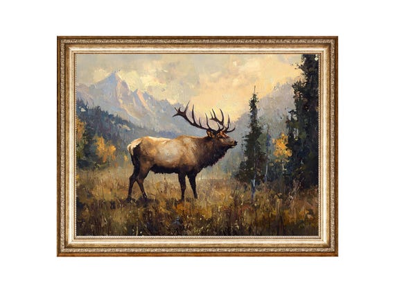Elk Colorado Oil Painting, Vintage Cottage Core Art Print