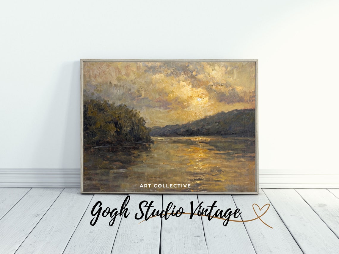 Sunset Lake Painting Nature Wall Art Country Farmhouse Vintage Antique Oil Painting Artwork Frame Tv - Image 2
