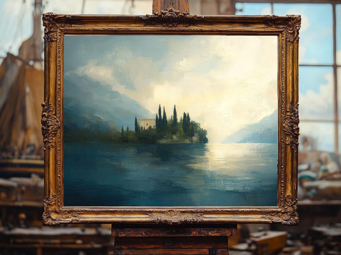 Lake Of Garda Misty Mountains Italian Landscape Lakeside View Oil Painting Cottage Core Art Vintage Painting Prints - Image 2