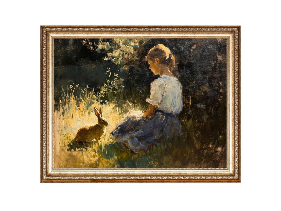 Girl With Rabbit, Vintage Rabbit Art Print