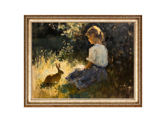 Girl With Rabbit, Vintage Rabbit Art Print