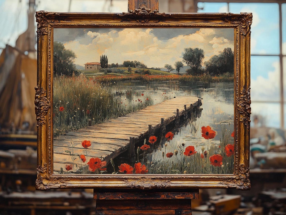 Rustic Lake Landscape Oil Painting With Red Poppies Art Oil Painting Cottage Core Art Vintage Painting Wall Art Prints - Image 2