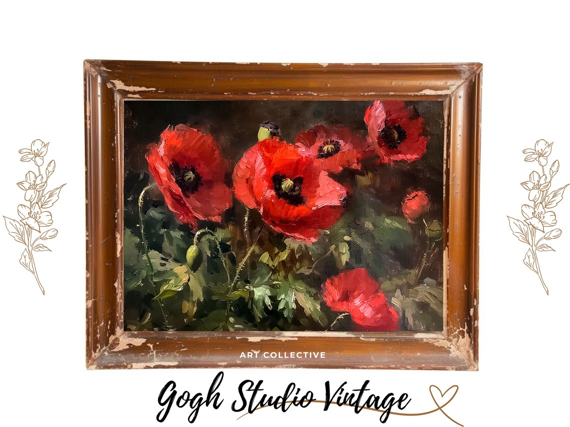 Red Poppies Flower Print Poppy Art Oil Painting Farmhouse Decor Fine Art Oil Painting Wall Art - Image 3