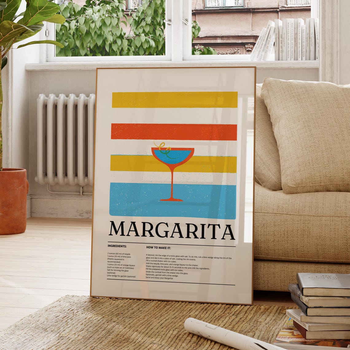 Margarita Cocktail Recipe Retro Striped Bar Kitchen Wall Poster
