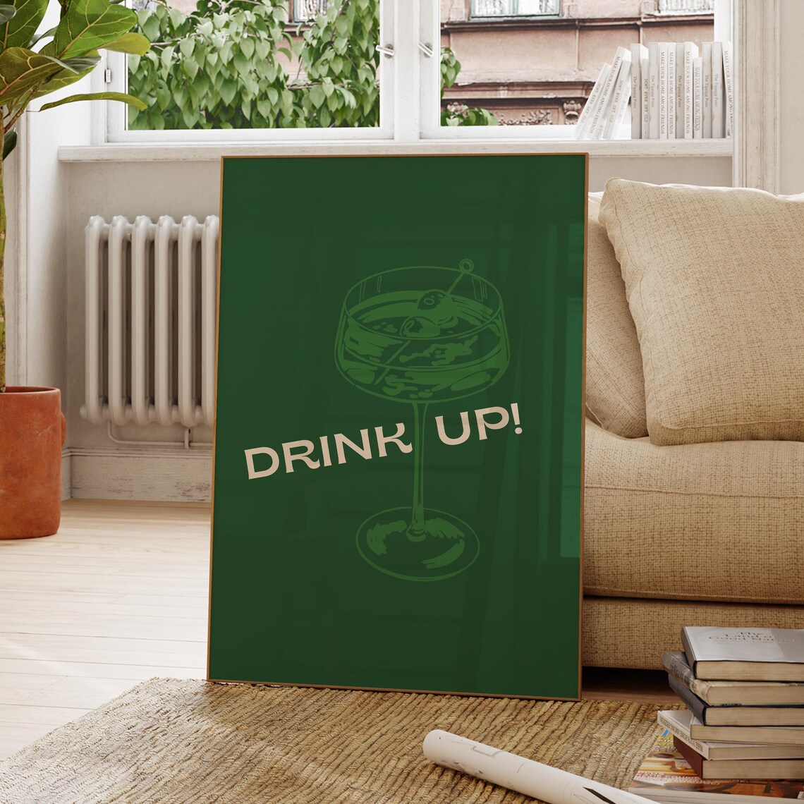Drink Up Martini Glass Dark Green Cocktail Bar Cart Quote Poster