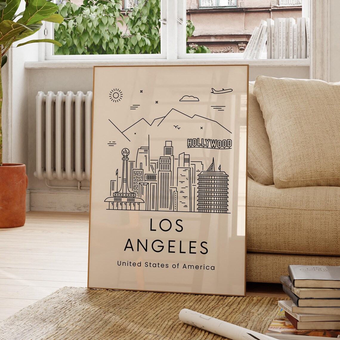Los Angeles USA Minimal Skyline Line Art With Hollywood Sign Travel Poster