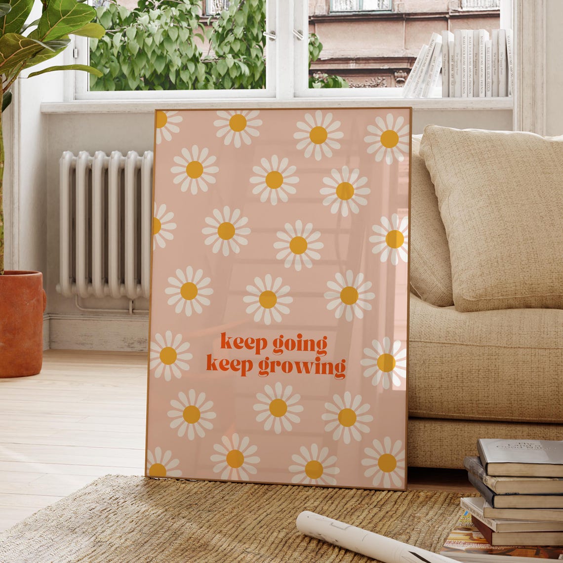 Keep Going Keep Growing Pink Daisy Pattern Motivational Poster