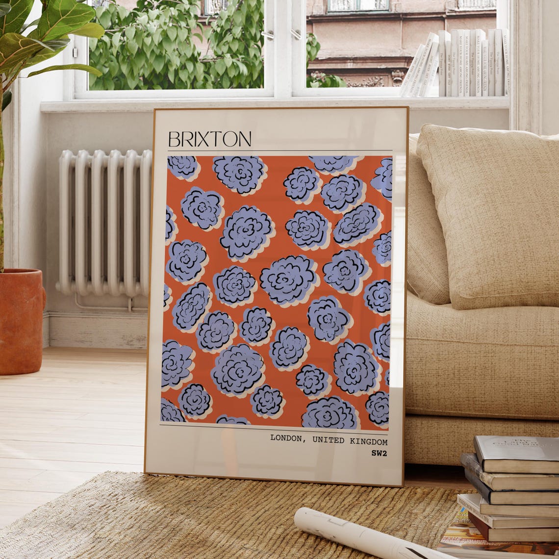 Brixton London Borough Floral City Travel Poster Retro Botanical Decor