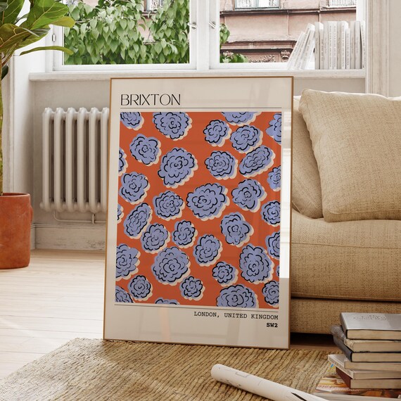 Brixton London Borough Floral City Travel Poster Retro Botanical Decor