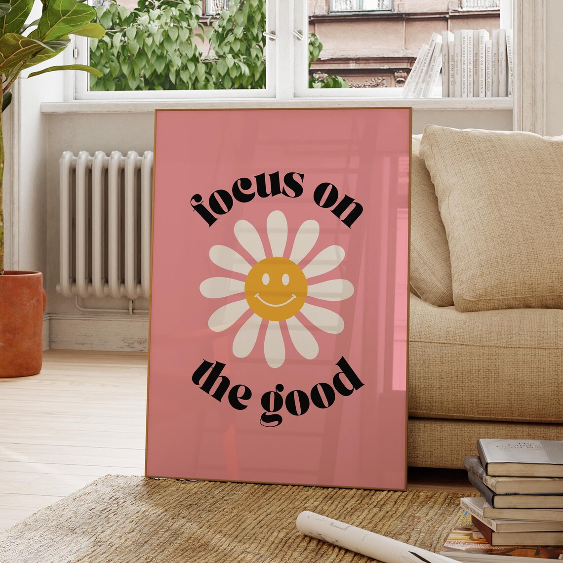 Focus on the Good Daily Smiley Daisy Pink Retro Quote Wall Poster
