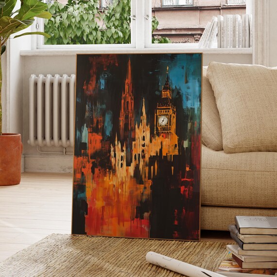Big Ben London Night Dark Abstract Orange Teal Parliament Art Poster