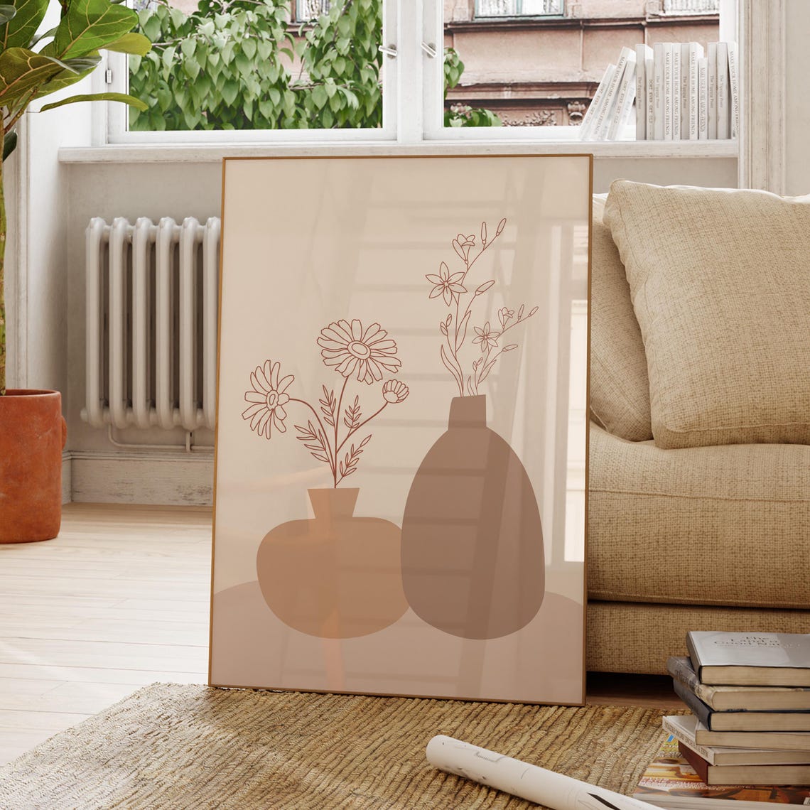 Minimalist Daisy Vase Botanical Line Art Beige Neutral Abstract Poster