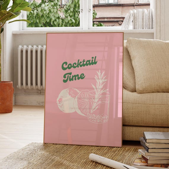 Cocktail Time Retro Pink Cocktail Glass Citrus Bar Cart Decor Poster