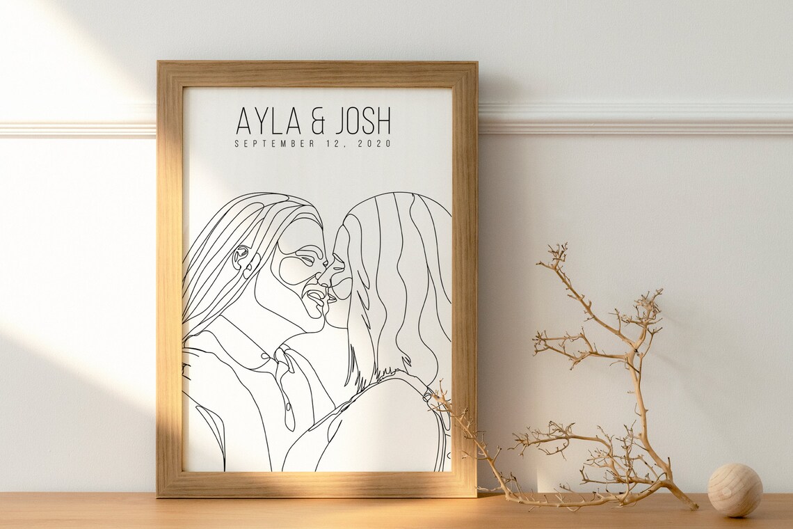 Line Art Couple Kissing With Floral Crown and Boutonniere Poster - Image 2