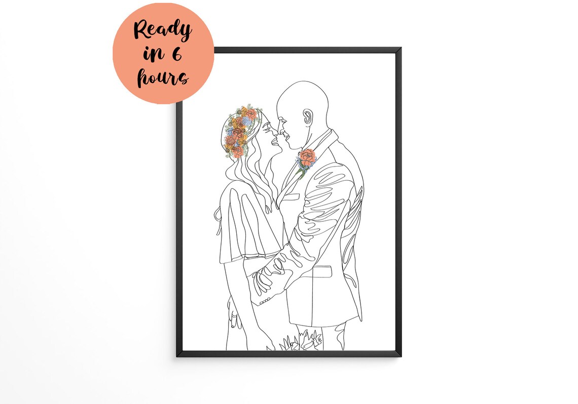 Line Art Couple Kissing With Floral Crown and Boutonniere Poster