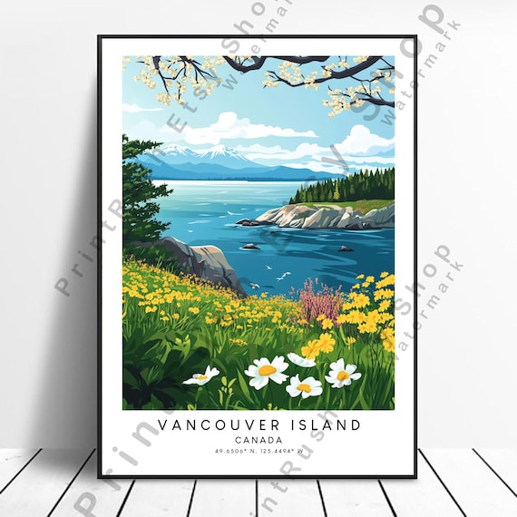 Vancouver Island Canada Wildflower Meadow Lake Snowy Peaks Travel Poster