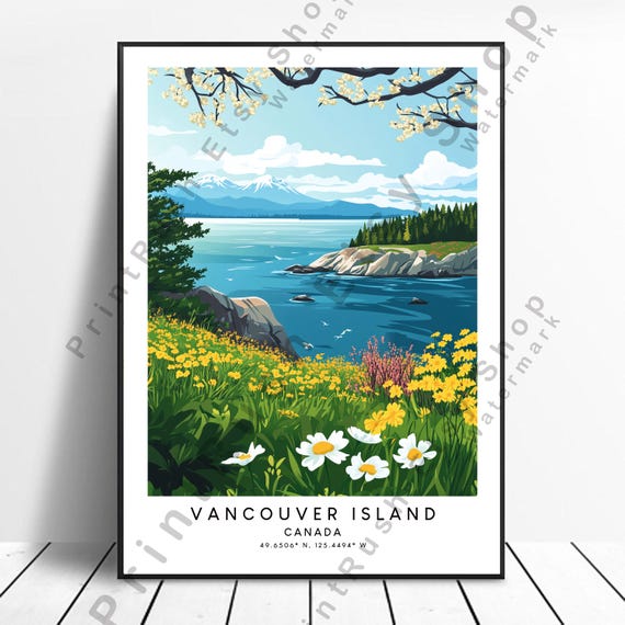 Vancouver Island Travel Poster Artwork Colourful Dcor Pacific Ocean Illustration