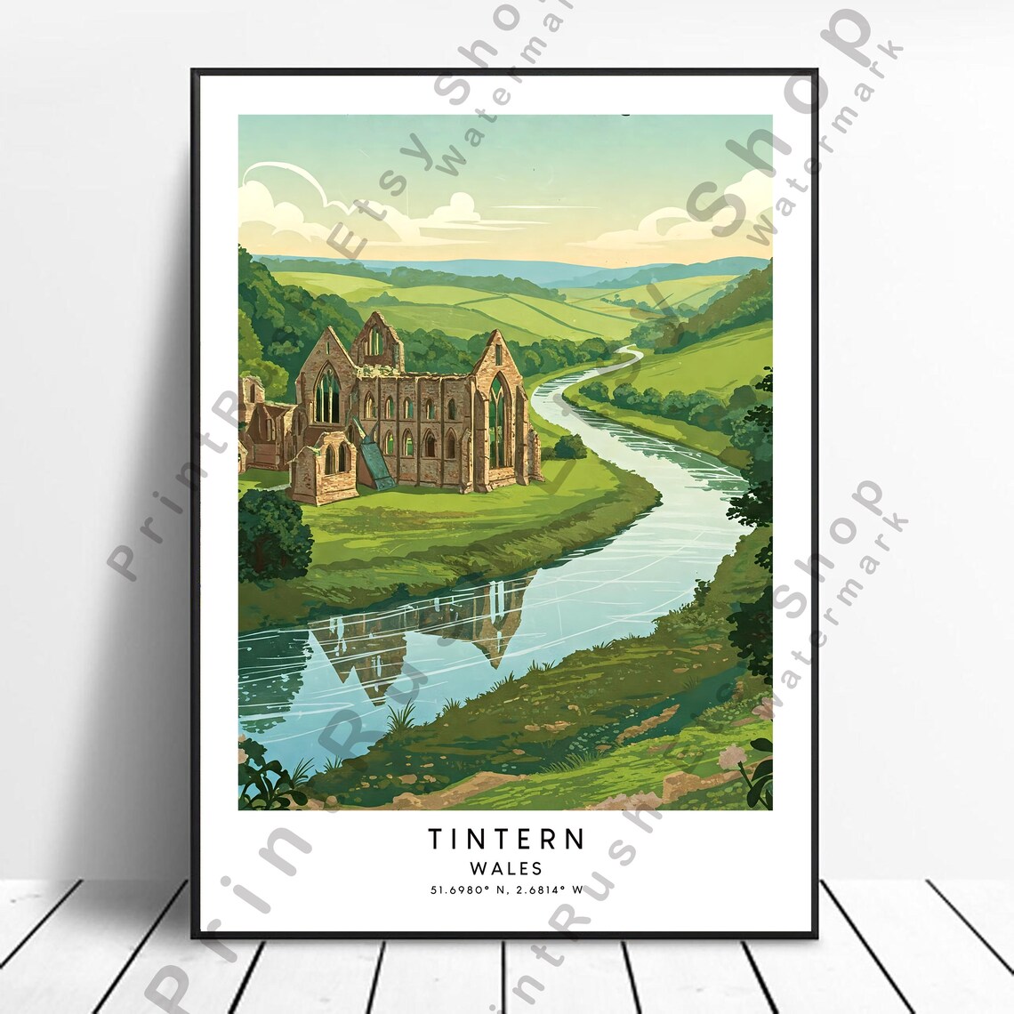 Tintern Abbey Wales Green Valley Riverbend Daytime Travel Poster