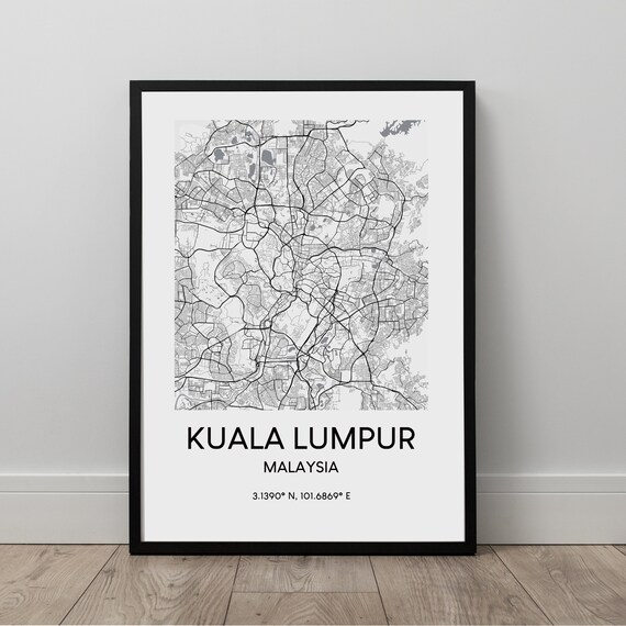 Kuala Lumpur Map Print Black And White Poster Malaysia Travel Wall Art Dcor Gift