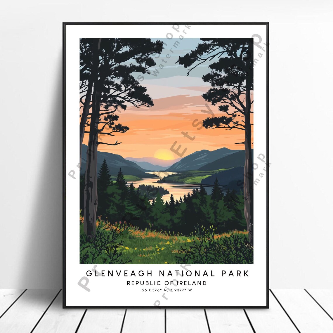 Glenveagh National Park Ireland Sunset Over Pines Lake Travel Poster