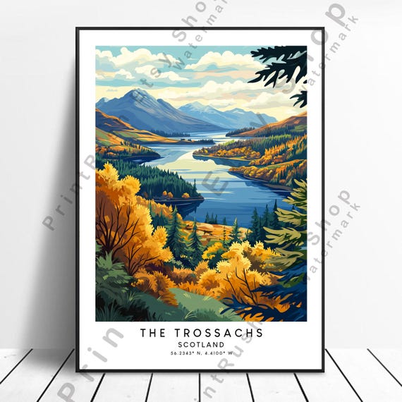 Scotland Travel Poster Trossachs Illustration Art Nature Print Wall Home Dcor Gift
