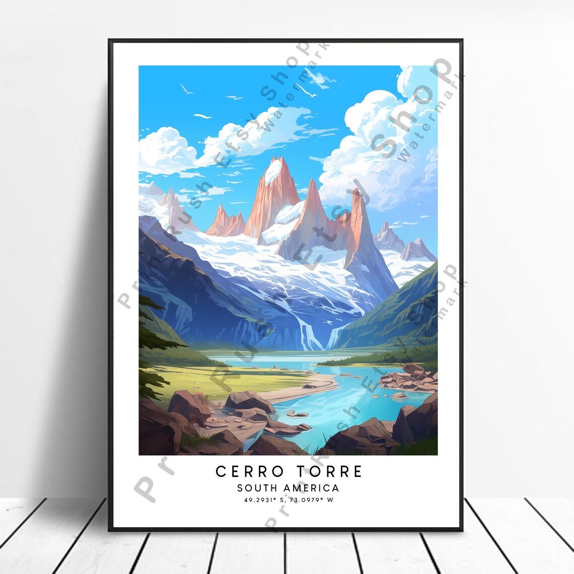 Cerro Torre South America Granite Mountain Peaks Lake Travel Poster