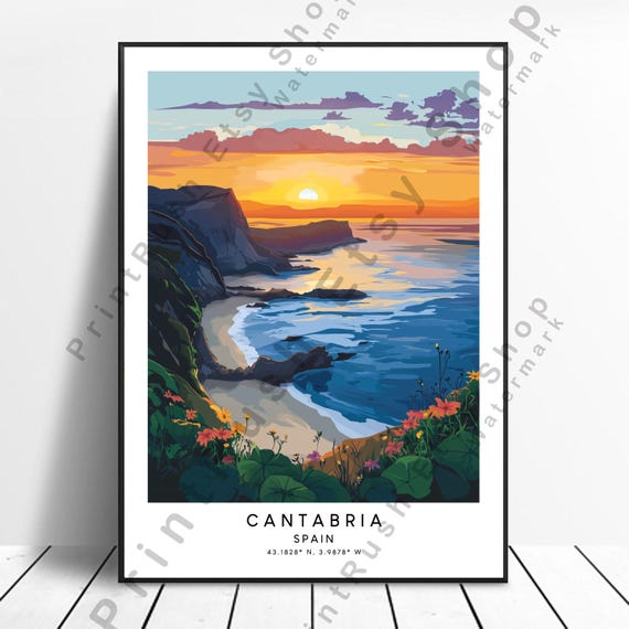 Cantabria Spain Travel Print Colourful Poster Wall Art Home Dcor Coastline Illustration Gift