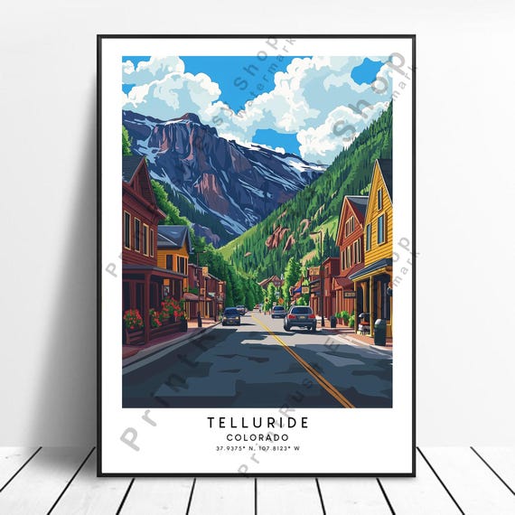Colorado Travel Print Colourful Telluride Poster Illustration Wall Art Home Dcor Gift