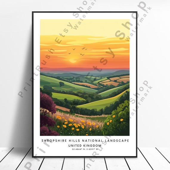 Shropshire National Park Print Illustration Art Uk Countryside Poster Hills Wall Sunset Decor Gift