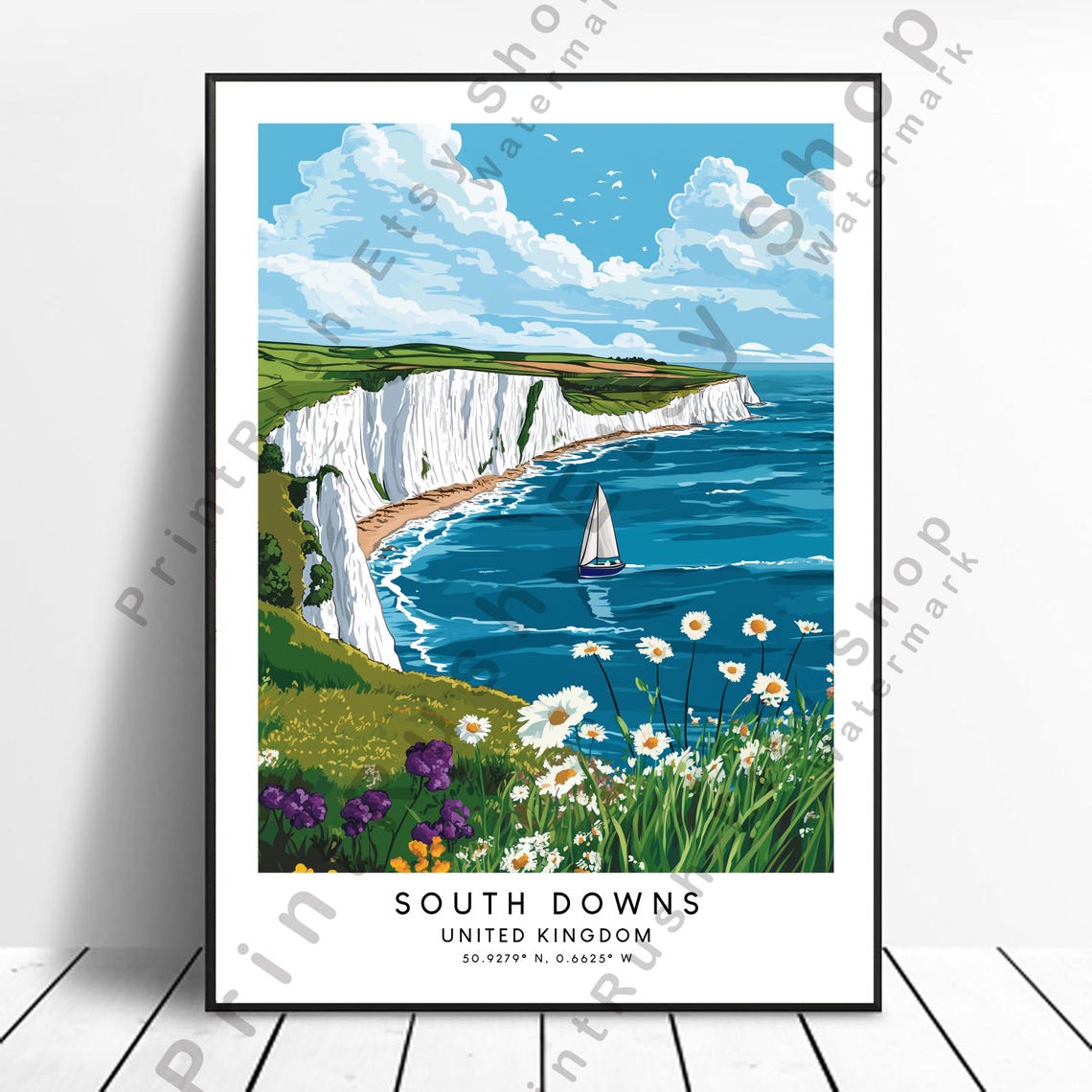 South Downs Beachy Head White Cliffs Sailboat Daytime Poster