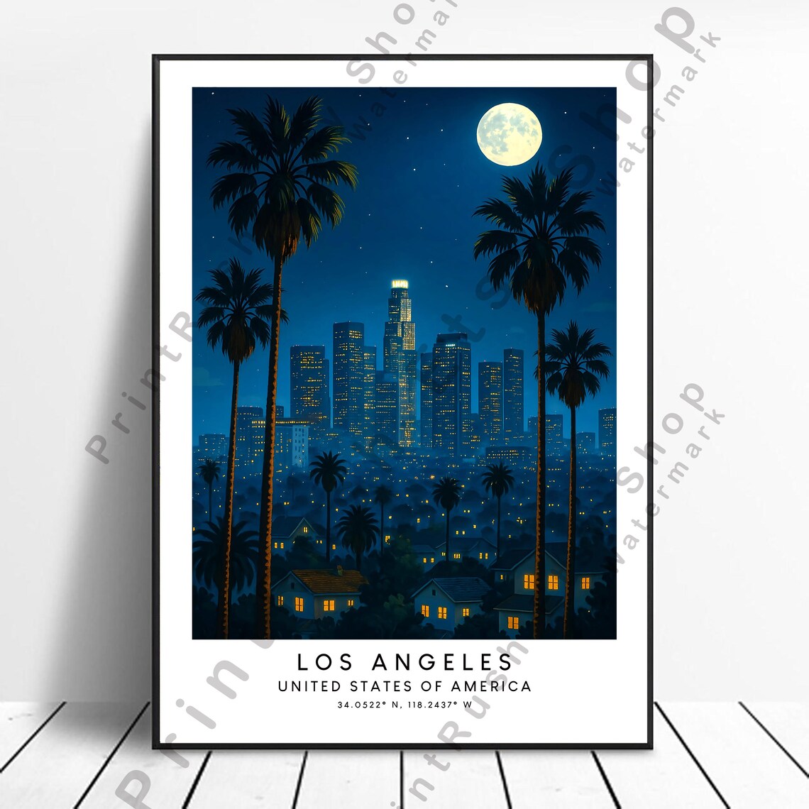 Los Angeles Night Skyline Palms Full Moon California Travel Poster