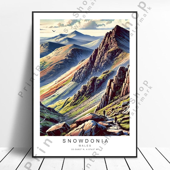 Snowdonia Wales Rugged Peaks Illustrated Mountain Travel Poster
