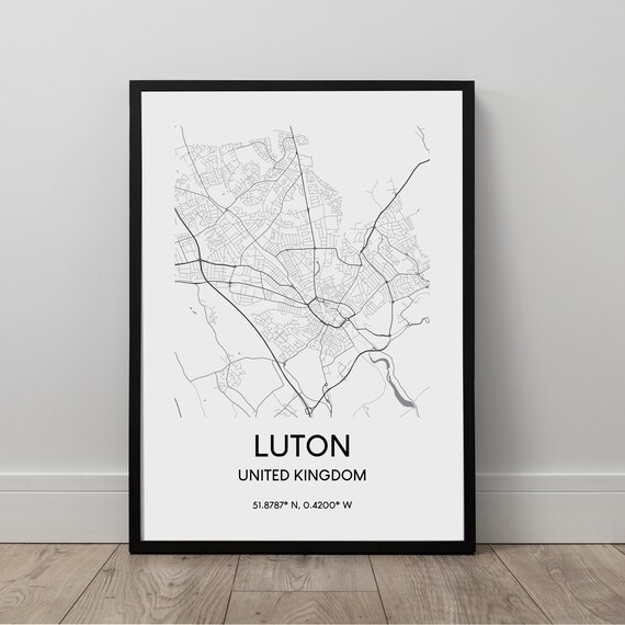 Luton Map Print Wall Art Town Poster Black And White Travel Home Gift