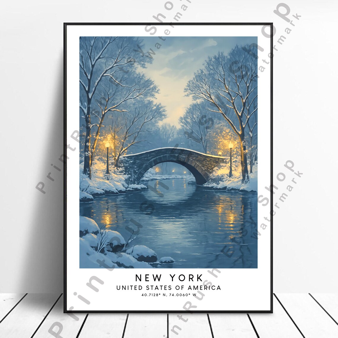 New York Travel Poster Illustration Art Print Cityscape Wall Home Dcor Gift Winter Artwork