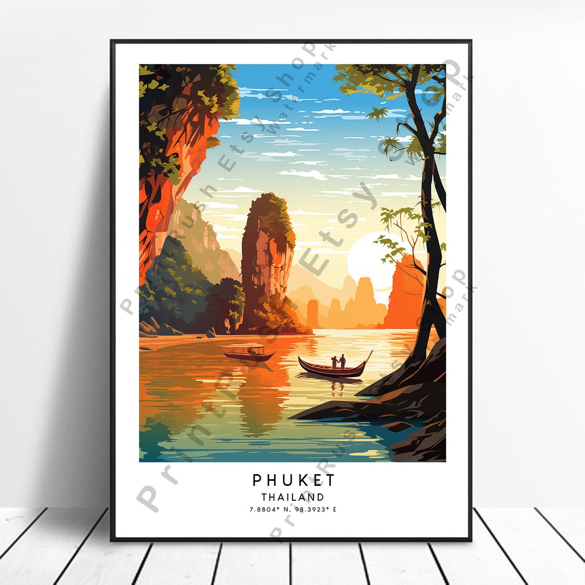Phuket Thailand Limestone Karsts Longtail Boats Sunset Poster