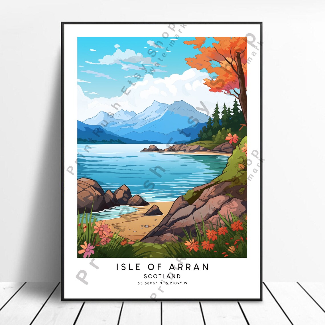 Isle of Arran Scotland Mountain Lake Autumn Coast Travel Poster