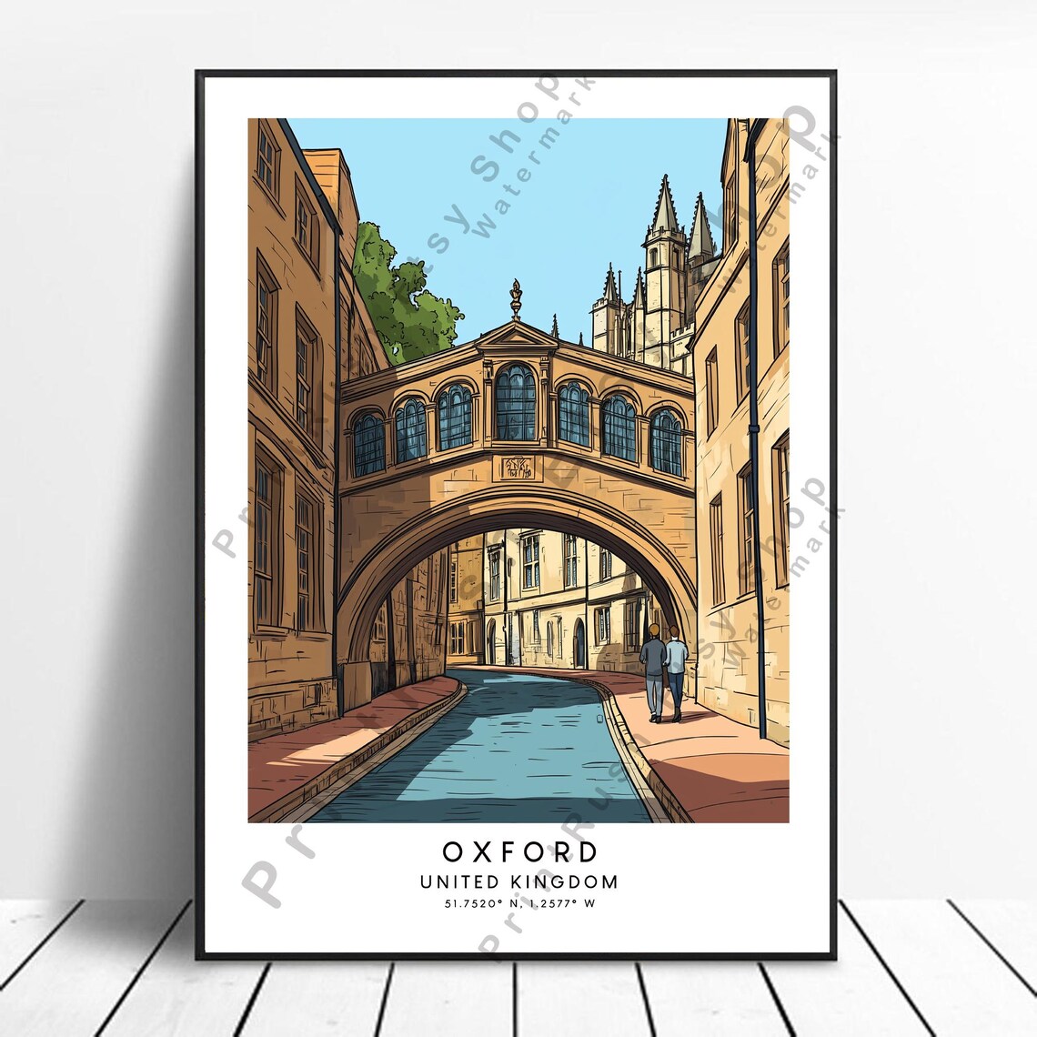 Oxford Bridge of Sighs Illustrated UK Street Travel Poster Art