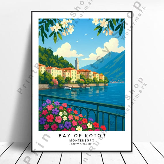 Bay Of Kotor Illustration Art Poster Montenegro Travel Wall Decor Print Hanging Home Dcor Gift
