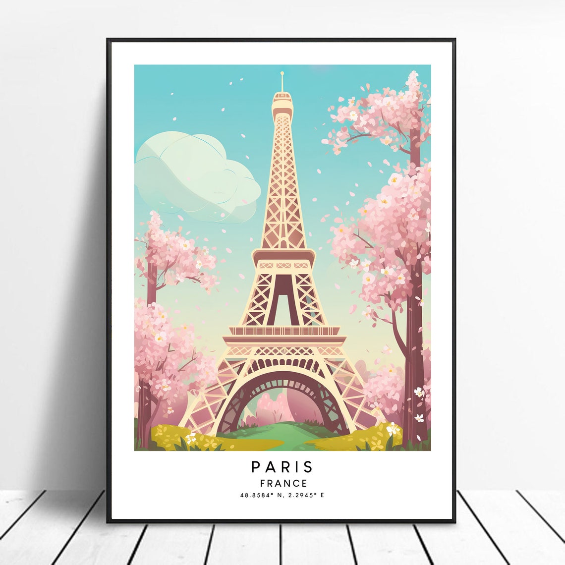 Paris France Eiffel Tower With Cherry Blossoms Spring Travel Poster