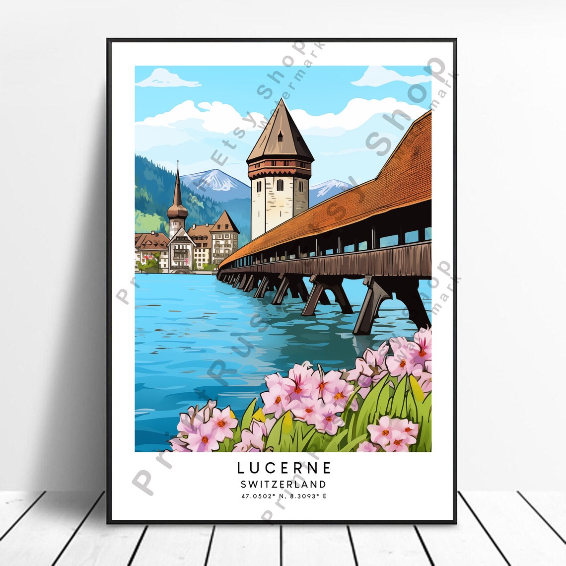 Lucerne Switzerland Chapel Bridge Lake Flowers Travel Poster