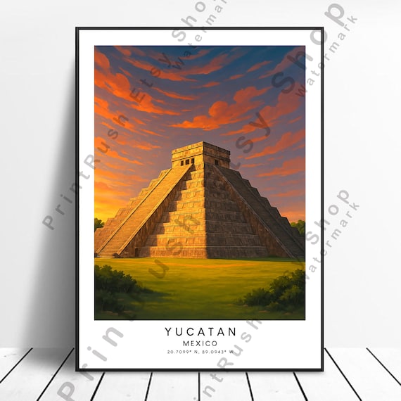 Chichen Itza Yucatan Mexico Ancient Mayan Pyramid Sunset Poster Art