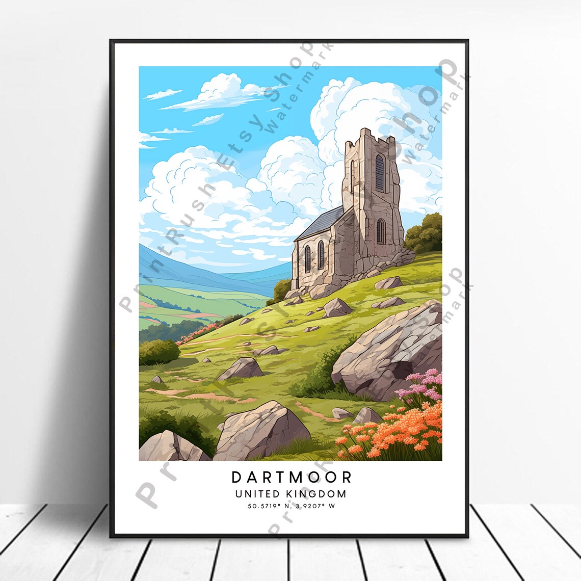 Dartmoor United Kingdom Stone Church Hills Travel Art Poster